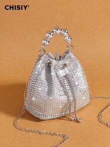 Handmade High-End Rhinestone Embellished Elegant Gold, Silver, Rose Red PVC & Fabric Fashion Bucket Bag, Spacious Women's Commuter Tote, Versatile Handbag, New Year & Valentine's Day Gift, Suitable For Work, Shopping, Travel, Evening Party, Wedding, Autumn/Winter - 銀色 - 查看 3