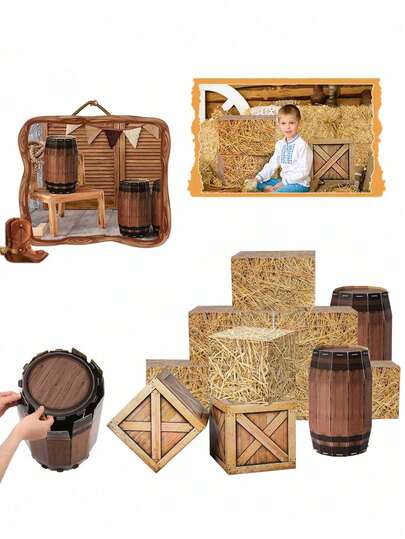 4 pezzi/1 pezzo - Decorazioni per feste con balle di fieno, decorazioni per feste a tema cowboy western, decorazioni per feste pirata (inclusi barili di cartone), supporti fotografici a forma di balle di fieno quadrate e rettangolari, casse di legno quadrate, scatole di cartone a forma di balle di fieno impilate in stile fattoria, forniture per feste di compleanno e festa di nascità a tema rodeo, forniture per feste in blocco, confezioni regalo, supporti fotografici per il selvaggio West, forniture per fattorie