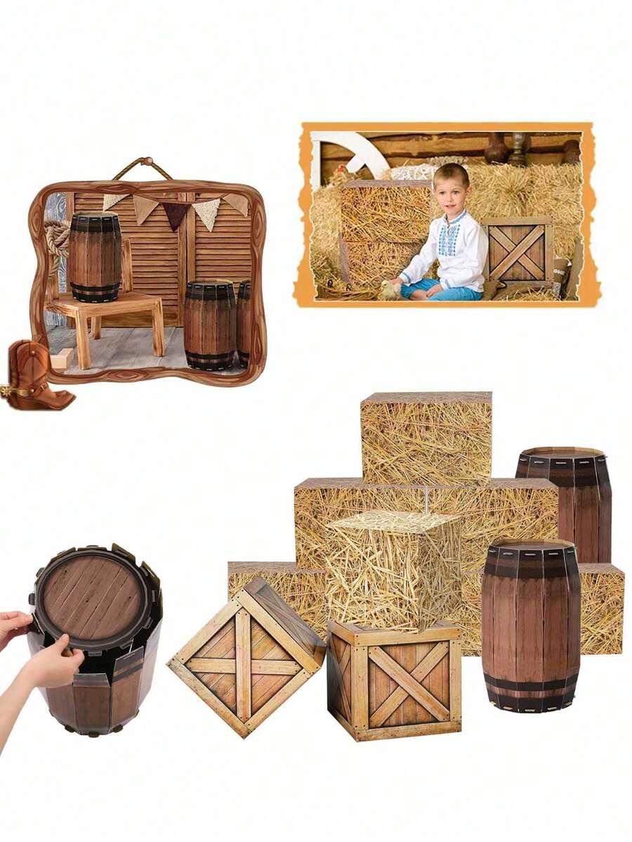 4件套 - 干草捆派对装饰、西部牛仔主题派对装饰、海盗主题派对装饰（含纸桶）、方形和长方形干草捆拍照道具、方形木箱、农舍风格堆叠干草捆纸箱、牛仔竞技生日派对和婴儿派对用品、派对用品、礼品包装、狂野西部拍照道具、农场用品