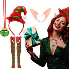 Three Pieces Christmas Fairy Costume Set (Including Headband, Leg Part And Socks) - Festive Red And Green Striped Fairy Ears, Green Sweater And Bow Tie - Suitable For Christmas And New Year Parties, Cute Style, Suitable As Accessories For Christmas Role-Playing Outfits - Multicolor - View 5