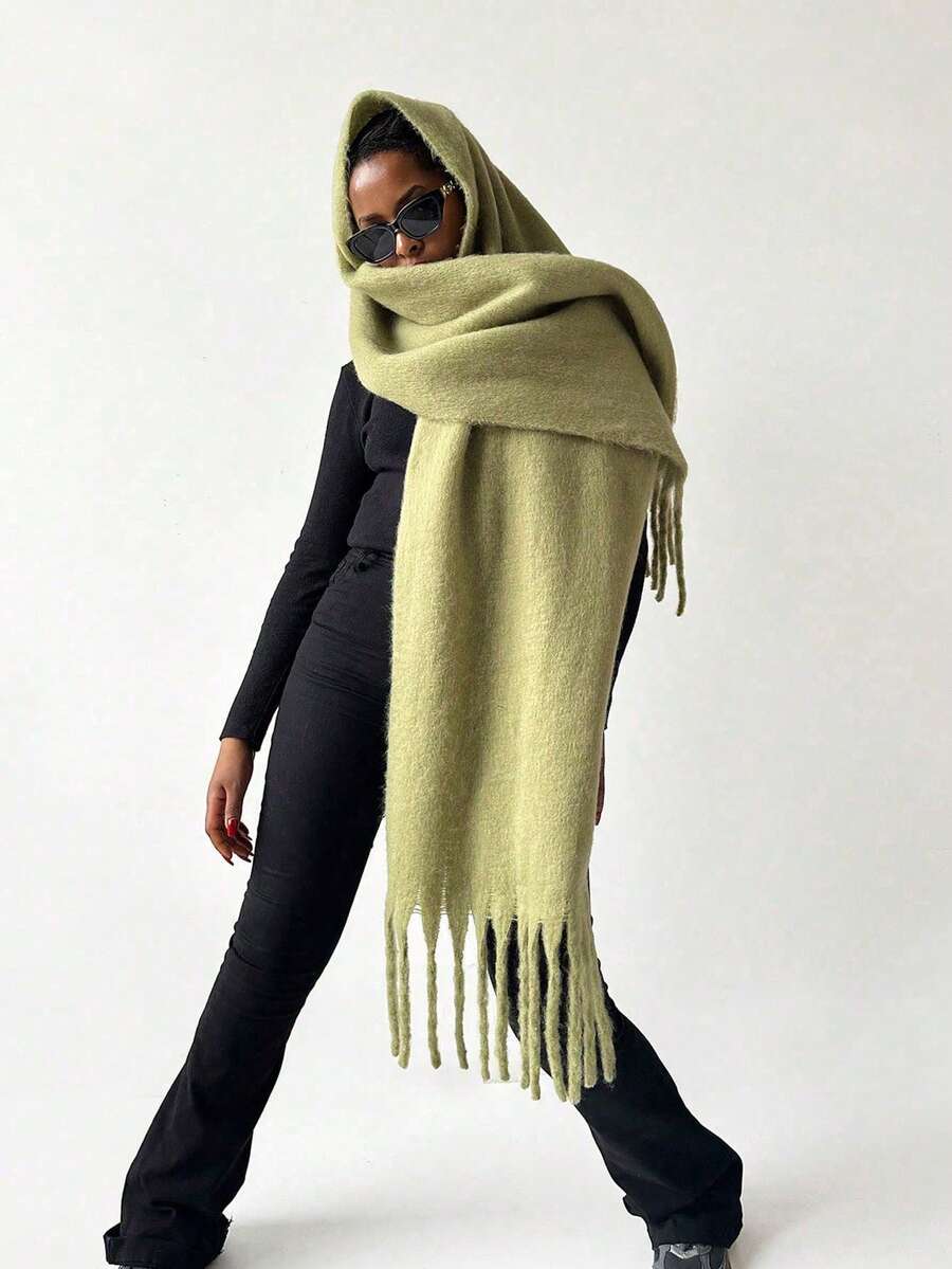 1pc Women's Fluffy Long Winter Scarf, Warm Neck Wrap, Black Oversized Thick Fringed Shawl/Blanket Scarf, Thick Knitted Fringed Shawl, Red Scarf, Solid Color Scarf