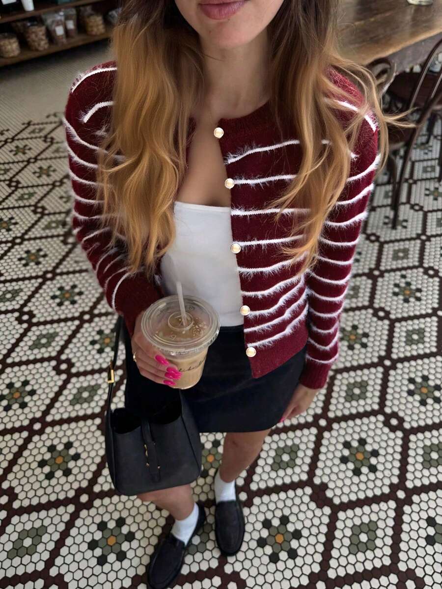 女士时尚条纹针织开衫，适合度假、日常穿着和办公场合，秋冬季款 - 彩色 - 查看 1