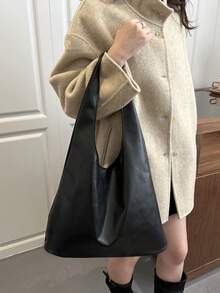 2026 New Fashion Solid Color Commuter Tote Bag, Minimalist Niche Design Underarm Bag, Stylish Large Capacity Shoulder Bag - Black - View 3