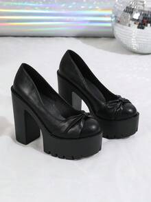 2026新款欧美风粗跟高跟鞋，黑色性感时尚圆头蝴蝶结高跟女鞋，春季款 - 黑色 - 查看 3