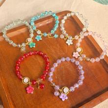 6pcs/Set Fashionable Artificial Crystal Clover & Flower Beaded Bracelet, Suitable For Women's Daily Wear - Lake Blue + Pink + Purple + White + Green + Red - View 1