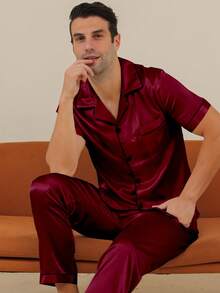 Two Pieces Sets Men's Pajamas With Open Button Top And Pants Set - Burgundy - View 5