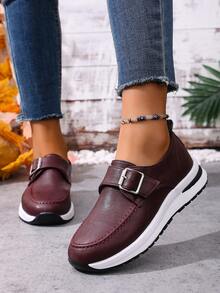 1 Pair Women's Platform Wedge Shoes, Solid Color PU Leather, Buckle Closure, Suitable For Outdoor Wear All Season - Burgundy - View 6