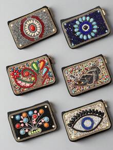 大容量多功能卡包钱包，波西米亚风格设计，包含摇钱树、孔雀眼和叶子图案，创意礼品之选，适合送给自己或朋友。女士卡包、迷你钱包、小钱包、手提包，女士钱包。 - 彩色 - 查看 6