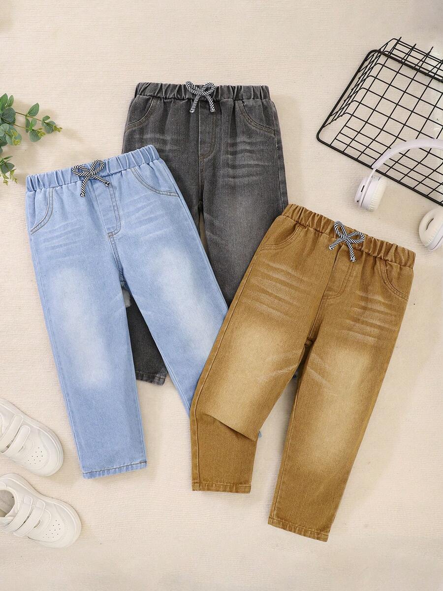 3pcs/Set Kids Light & Medium Blue Washed Denim Jeans, Boys Casual Elastic Waist Pants For Spring & Autumn - Khaki - View 1