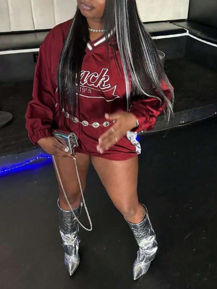 Spring Summer Fashion Solid Color Street Loose Tops Casual Women's Letter Printing Draw Rope V-Neck Y2k Top For Women - Màu Đỏ Sâu - Xem 1