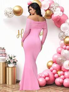 JustVH 孕妇褶皱网纱露肩连衣裙，优雅修身鱼尾裙摆派对礼服，适合迎婴派对和拍照，粉色系春季款 - 粉色 - 查看 2