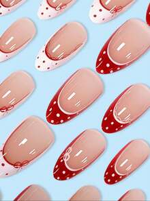 Conjunto de 24 peças de adesivos para unhas com estampa de bolinhas vermelhas e brancas, incluindo francesinha branca e laço vermelho, em 12 tamanhos diferentes. Clássico e versátil, reutilizável, ideal para presentear mulheres. - Multicolorido - Ver 4