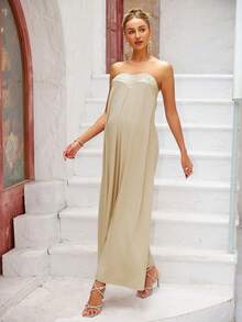 Joyfunear Pregnant Women's Sequin Patchwork Backless Tube Wide Leg Jumpsuit - Khaki - View 6