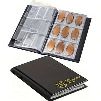 108格硬币册和便士收纳盒 - 便携式硬质硬币收纳盒，108个格子，适合旅行和居家使用，印有便士图案，是收藏家整理稀有硬币和纸币收藏的理想之选。