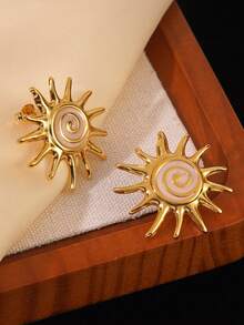 4件/3件装时尚不锈钢耳钉，独特旭日形设计，适合女性日常通勤、旅行或节日派对佩戴。 - 金黃色 - 查看 4