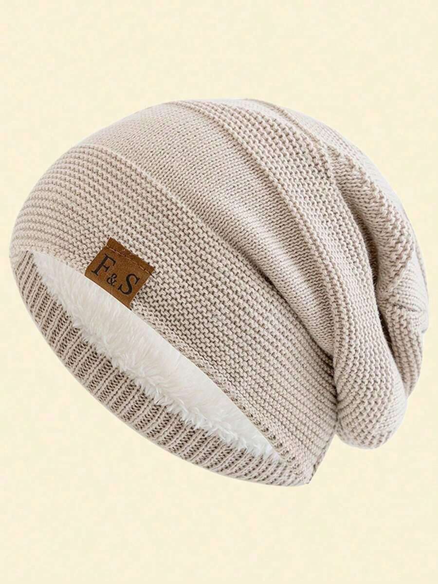 JZML 1pc Unisex Letter Label Decor Plush Lined Slouchy Beanie - 卡其色 - 查看 1