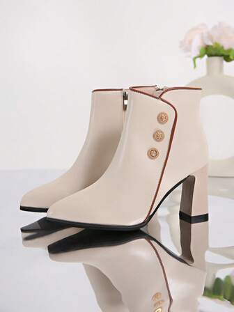 Stylish New Pointed Toe Mid-Heel Elegant Chunky Heel Boots, Sexy Fashion Versatile Boots, Slim Sexy Pointed Toe High Heels, Soft Leather Buckle Mid-Heel Ankle Boots, British Style Slim Short Boots, Women's Thick Heel Ankle Boots With Side Zipper, Sweet Elegant Office Outfit Party Commute Business High Heels, Faux Leather Comfortable Short Boots Suitable For Slim Feet