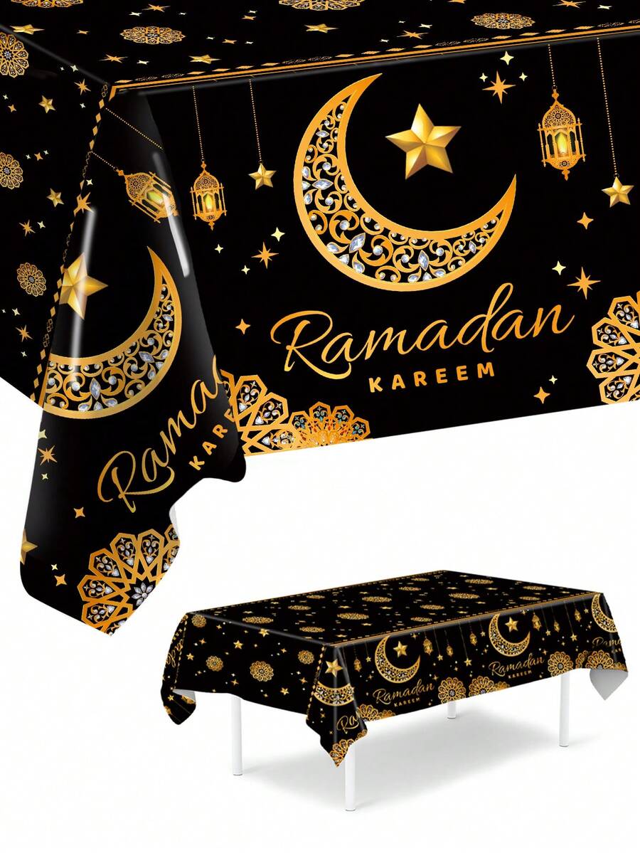 1 pieza Mantel negro y dorado Eid Mubarak, mantel desechable de PE de 220*130cm, mantel Eid Mubarak con patrón de estrellas y lunas doradas, suministros para fiestas de Eid, decoraciones de Ramadán, decoración para reuniones islámicas de Ramadán, decoraciones de Eid Al-Fitr, decoración del hogar de Ramadán, decoración de la mesa de comedor de Eid, decoración de cocina, regalo de Ramadán