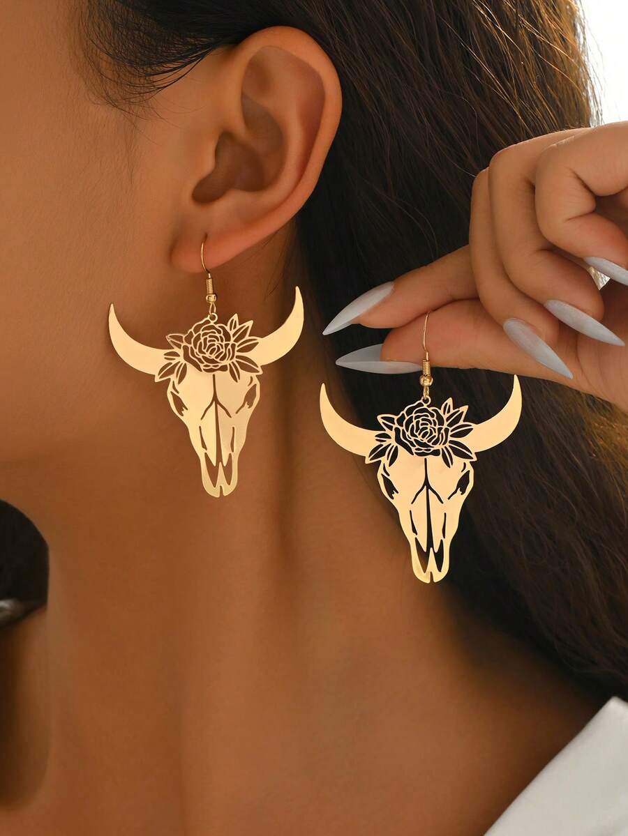 1 Pair Retro Cowboy Style Bull Head Pendant Earrings, Unique Gift Suitable For Parties And Gatherings - Yellow Gold - View 1