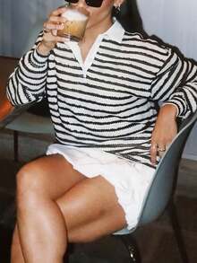 New Stylish & Elegant Striped Contrast Color Ribbed Front Button Long Sleeve Sweatshirt, Suitable For College, Vacation, Street, Airport, All Seasons - Black and White - View 1