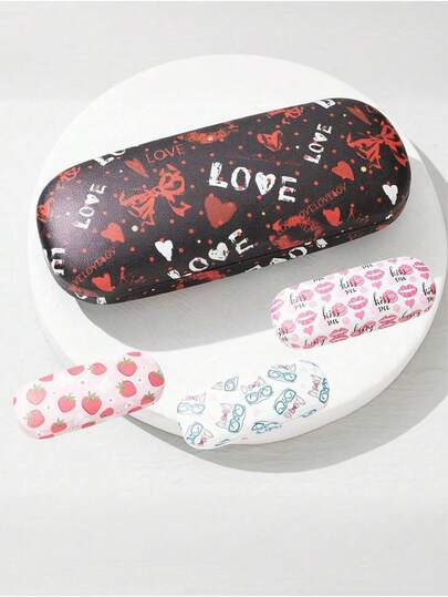 Cute Girl's Heart-Shaped Print Eyeglass Case, Multiple Designs Available - LOVE, Strawberry, Kitty, Kiss, Hard Shell Protective Portable Eyewear Storage Case