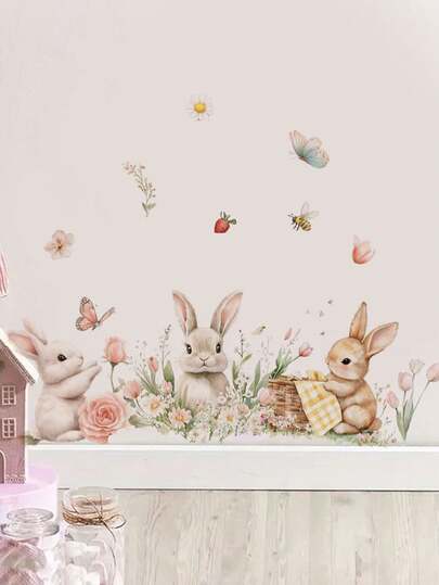 1片装多尺寸PVC自粘可移除墙贴，经典逼真窗户兔子读书图案，蝴蝶枝花，花丛蜜蜂，城堡树书，奶牛干草，气球泰迪熊爱心云朵装饰，适用于卧室、客厅、书房、餐厅、浴室、家居墙面装饰、房间装饰