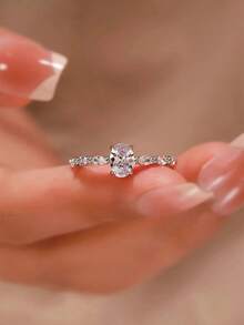 Nooxian 1 buah Cincin Telur Zirkonia Kubik Berkilau & Elegan untuk Wanita, Cincin Pernikahan - perak - View 9