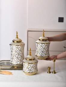 1pc Ceramic Vase Decor, Gold Electroplated Ceramic Jar, Modern Luxury Home Decoration, Suitable For Living Room, Bedroom And Other Scenes