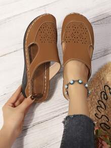 Women's Hollow Out Platform Slippers, Soft Beach Party Holiday Fashion Forward Elegant Wedding Casual Sexy Outdoor Buckle Ladies Wedge Thick Bottom Sandals, Summer - Brown - View 8