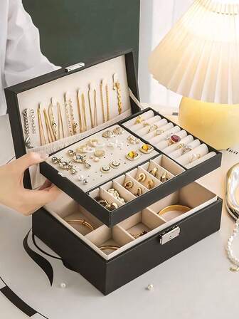 2-Layer Jewelry Box For Women & Girls, PU Leather Jewelry Organizer With Lock, Removable Tray, Jewelry Display Stand For Necklaces, Earrings, Bracelets, Rings, Watches