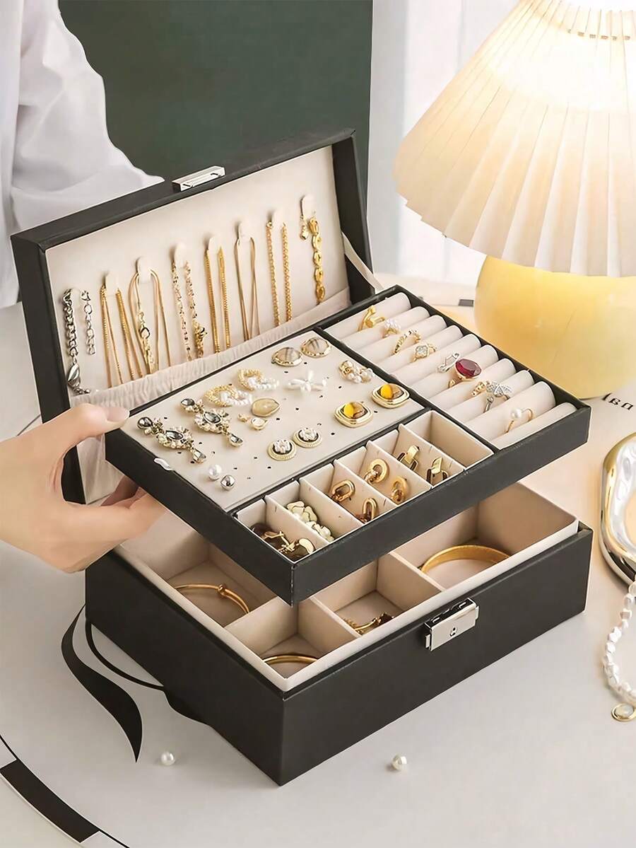 Dwuwarstwowa szkatułka na biżuterię dla kobiet i dziewcząt, organizer na biżuterię ze skóry PU z zamkiem, wyjmowana tacka, stojak na biżuterię na naszyjniki, kolczyki, bransoletki, pierścionki, zegarki