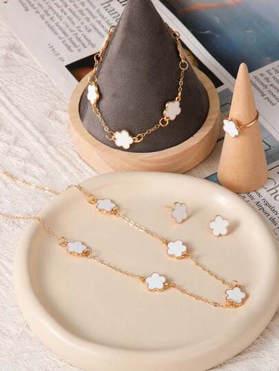 5-Piece Set: Fashionable Clover Necklace, Bracelet, Earrings, Perfect Mother's Day/Holiday Gift - Women's Fashion Jewelry Set