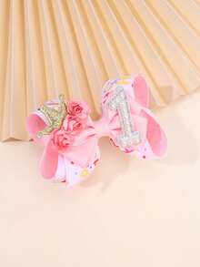 1 chiếc kẹp tóc nơ nhiều màu sắc, số 1-5 đính ngọc trai giả và vương miện hoa, phù hợp cho trẻ nhỏ, phụ kiện tóc dễ thương, quà tặng sinh nhật cho trẻ em. - Hồng - Xem 3