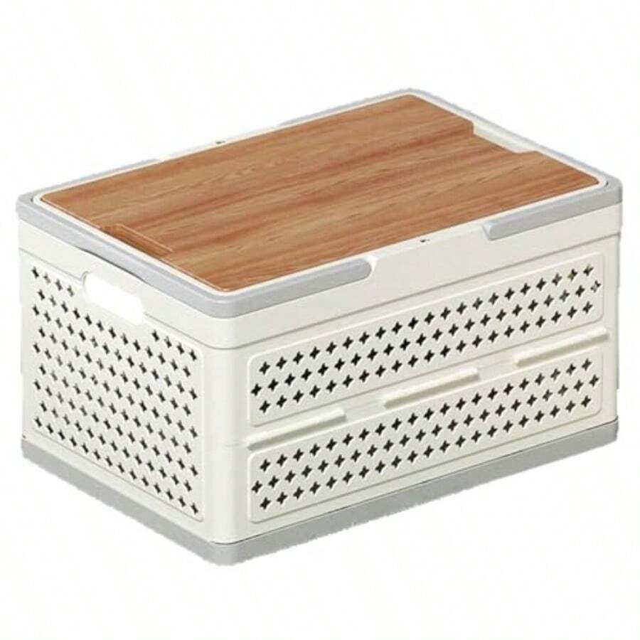 Insulated Picnic BasketFoldable Picnic Basket Grocery Basket Portable Grocery Box With Wooden Lid For Indoor Dirty Clothes Storage Box Outdoor Family Hiking And Shopping - As Pic - View 1