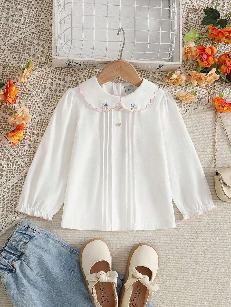 Girls Embroidered Flower Pattern T-Shirt, Spring - White - View 1