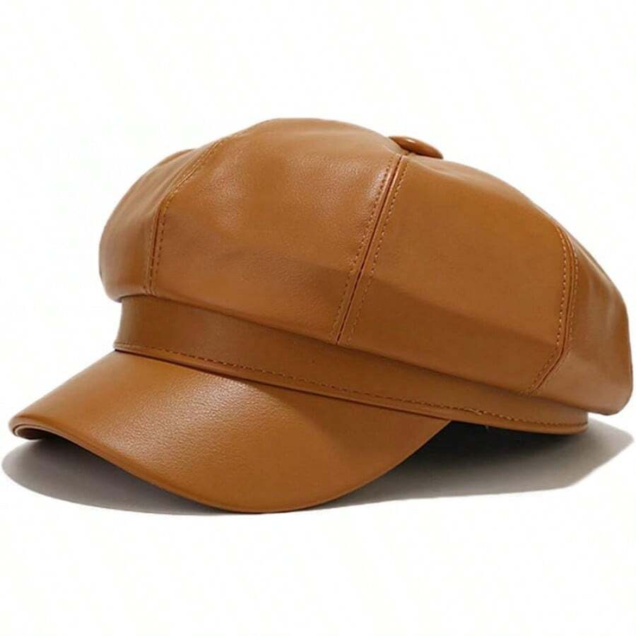 Women's PU Leather Newsboy Cap 8 Panel Paperboy Newsie Cap Bakerboy Beret Cabbie Hat, Fashionable Headwear - 焦糖 - 查看 1