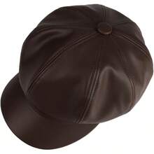 Women's PU Leather Newsboy Cap 8 Panel Paperboy Newsie Cap Bakerboy Beret Cabbie Hat, Fashionable Headwear - Dark Brown - 查看 3
