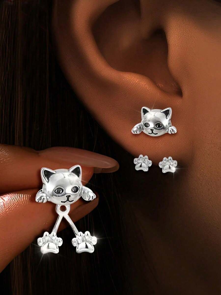 1 Pair Girl's Cat Paw Hanging Earrings, Creative & Unique Design, Cute Pet, Delicate & Sweet, Versatile For Daily Wear - Multicolor - View 1