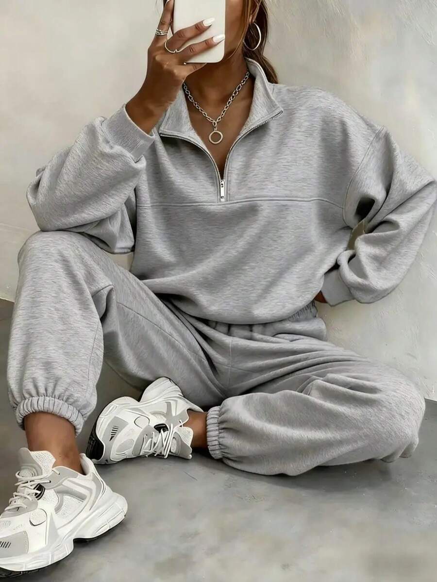 Women's Fleece-Lined Two-Piece Tracksuit - Loose Fit Autumn Casual Wear, Comfortable Sporty And Relaxed Style, Suitable For Loungewear (Multiple Colors) - Xám - Xem 1