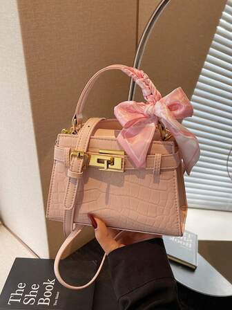 Nuevo bolso de moda para mujer, bolso cuadrado de piel de imitación con estampado de cocodrilo en unicolor minimalista, con sensación elegante y de alta gama con pañuelo, adecuado para negocios, citas, compras, viajes, versátil y exquisito