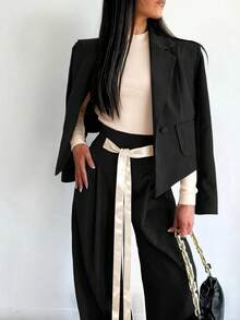 Ținută nouă pentru femei primăvară/vară 2025, stil de navetă, sacou lejer elegant cu design vintage și pantaloni largi, set din 2 piese, culoare uni neagră - Negru - Vizualizare 4