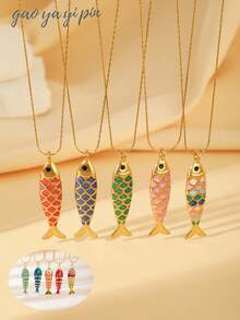 1pc Fashionable Stainless Steel Elegant Ocean Theme Colorful Enamel Fish Pendant Necklace, Charming Jewelry For Women, Everyday & Holiday Accessory