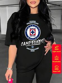 Camiseta de manga corta para mujer, cuello redondo, holgada, casual y versátil, nuevo estampado de CEMENTO CRUZ AZUL, ideal como capa base, tejido suave con buena caída - Negro - 4 - Ver 2