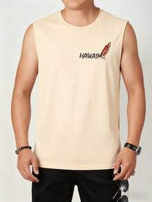 Men's Casual Round Neck Coconut Tree & Surfing Print Tank Top, Suitable For Beach Vacation And Daily Wear, Summer - Apricot - View 3