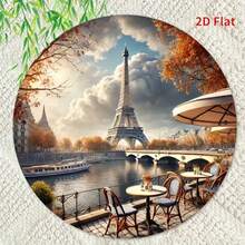 1 Peça Placa de Metal Redonda de 8 Polegadas com Impressão 2D Plana, Vista do Rio de Paris com Torre Eiffel - Decoração de Arte de Parede, Adequada para Decoração Interna e Externa, Casa, Café, Apartamento, Restaurante, Rua, Sala de Estar, Presente de Feriado, Posição Aleatória do Furo