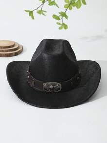 1pc Unisex Cattle Head & Belt Decor Handmade Panama Hat Wide Brim Cowboy Hat PU Cowgirl Hat Ridge Western Suitable Soft Felt Hat Fedora Hat - màu đen - Xem 2