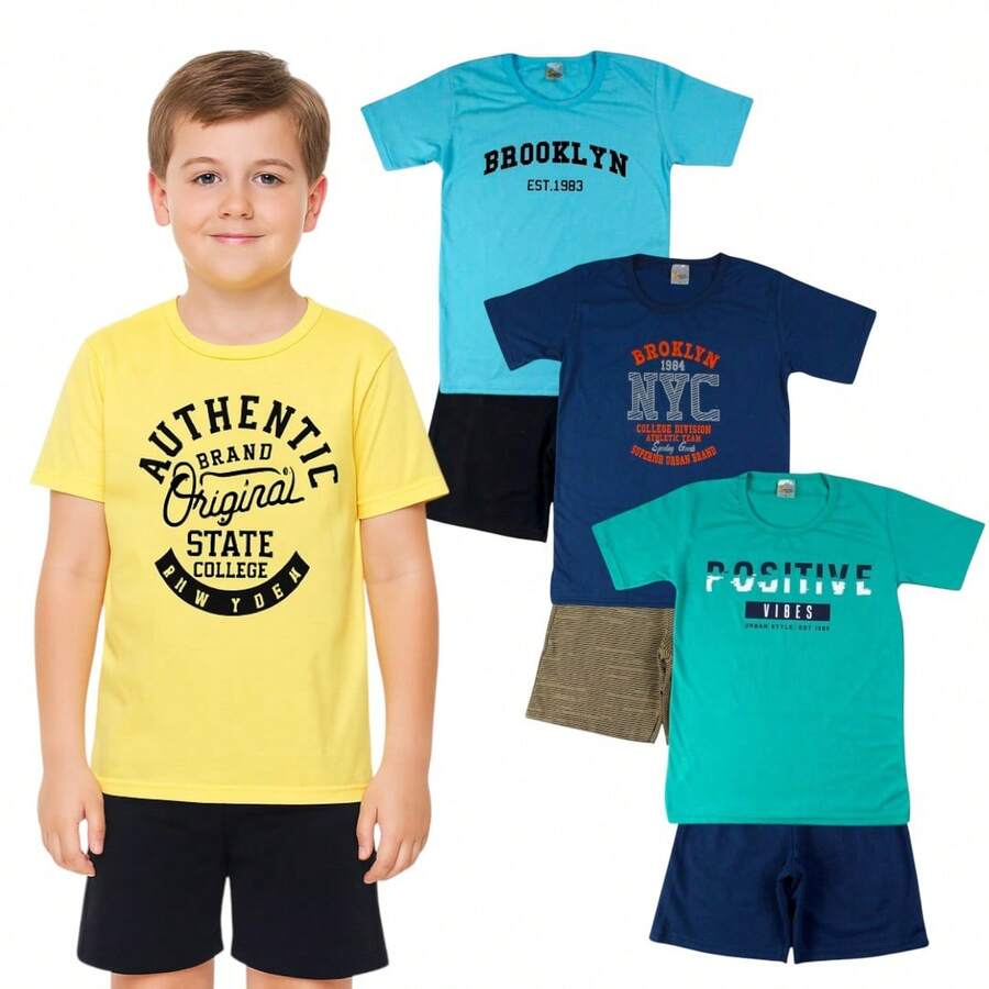 Kit 6 Peças De Conjunto Infantil Para Menino Adolescente De Verão Estampado Confortável