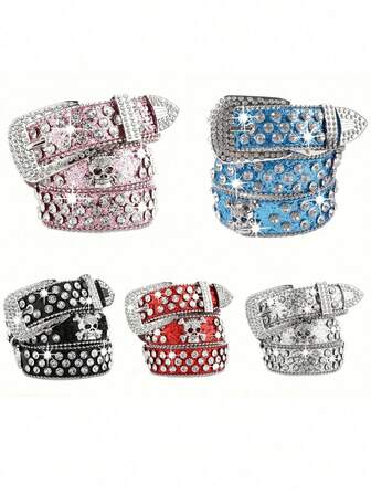 New Fashion Luxury Rhinestone Belts For Women Men, Bling Studded Leather Skull Belt Western Style Christmas Gifts Belt