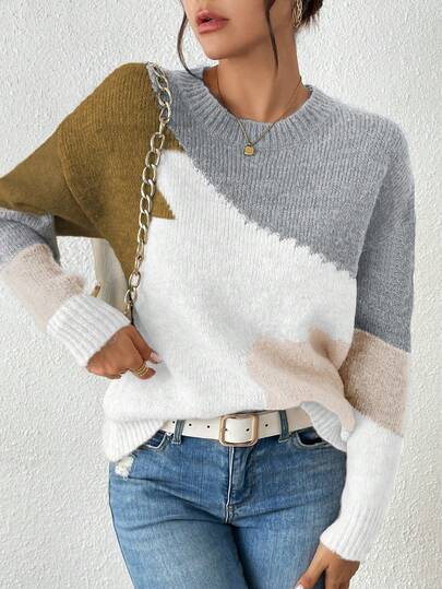 Suéter minimalista de mujer con cuello redondo, manga larga y diseño asimétrico de patchwork, para uso casual diario, temporada de vuelta al colegio