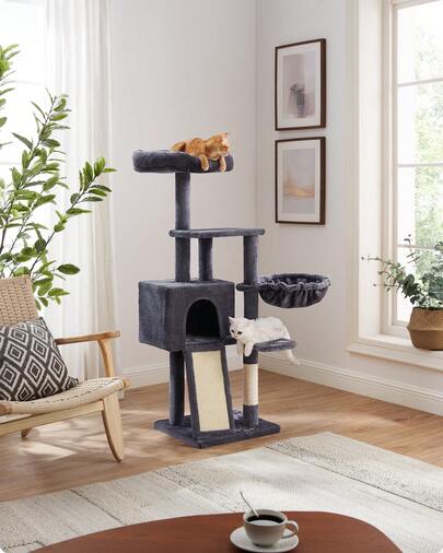 Albero per Gatti, Tiragraffi Piccolo da 135 cm, Condominio per Gatti in Peluche a più Livelli con Copertura per Trespolo Rimovibile Lavabile, Graffiatoio, Cesto, Grotta, Grigio Scuro